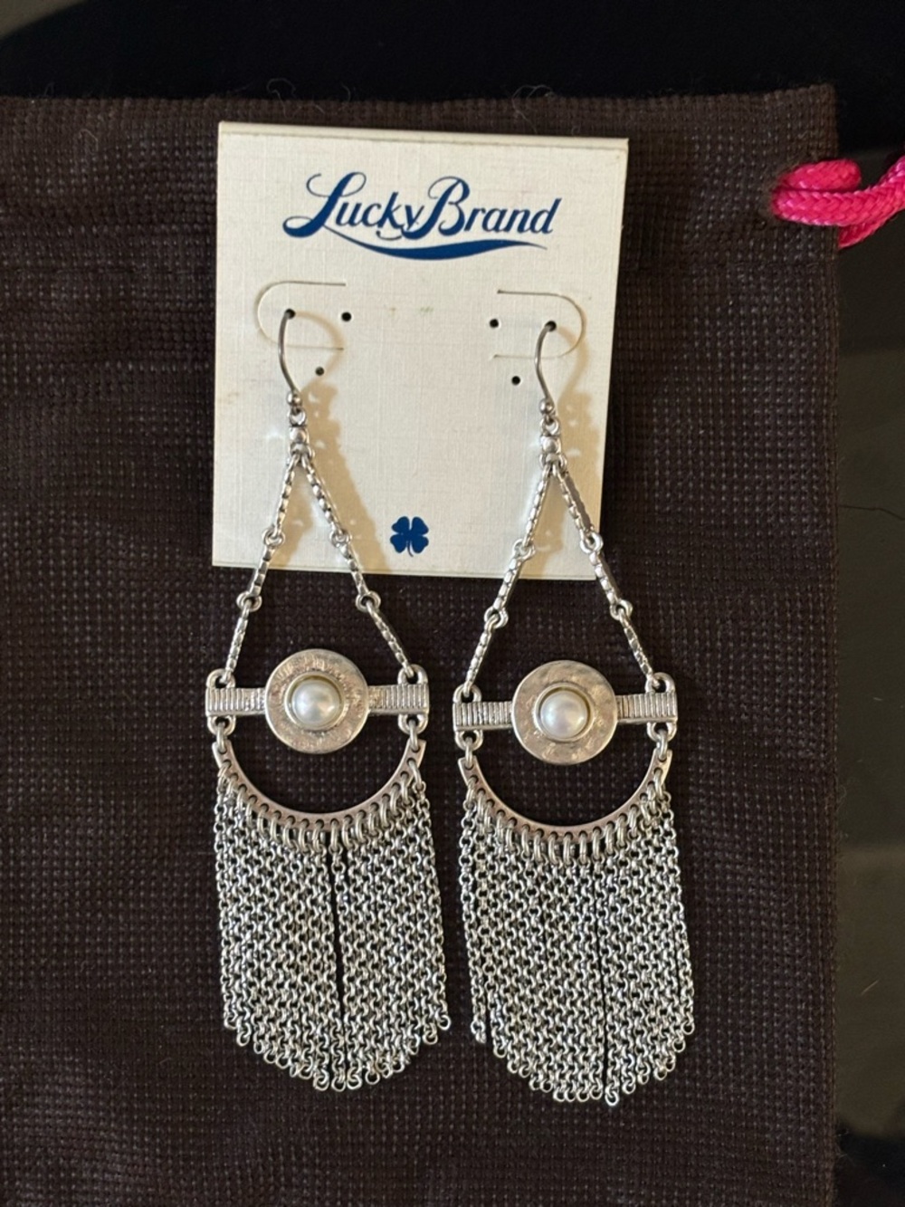 Lucky Brand Silver-Tone Pearl Center Chain Fringe Earrings